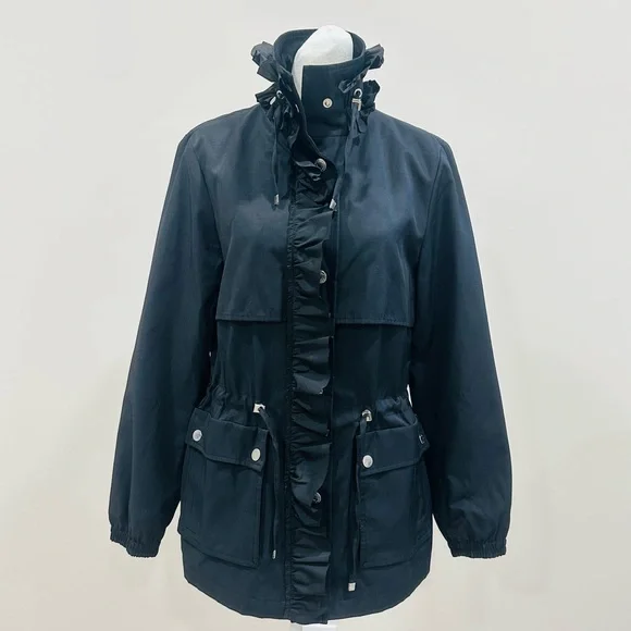 Betsy Johnson Women’s S Black Ruffle Trim Trench Coat‎ Adjustable Waist - Picture 2 of 14